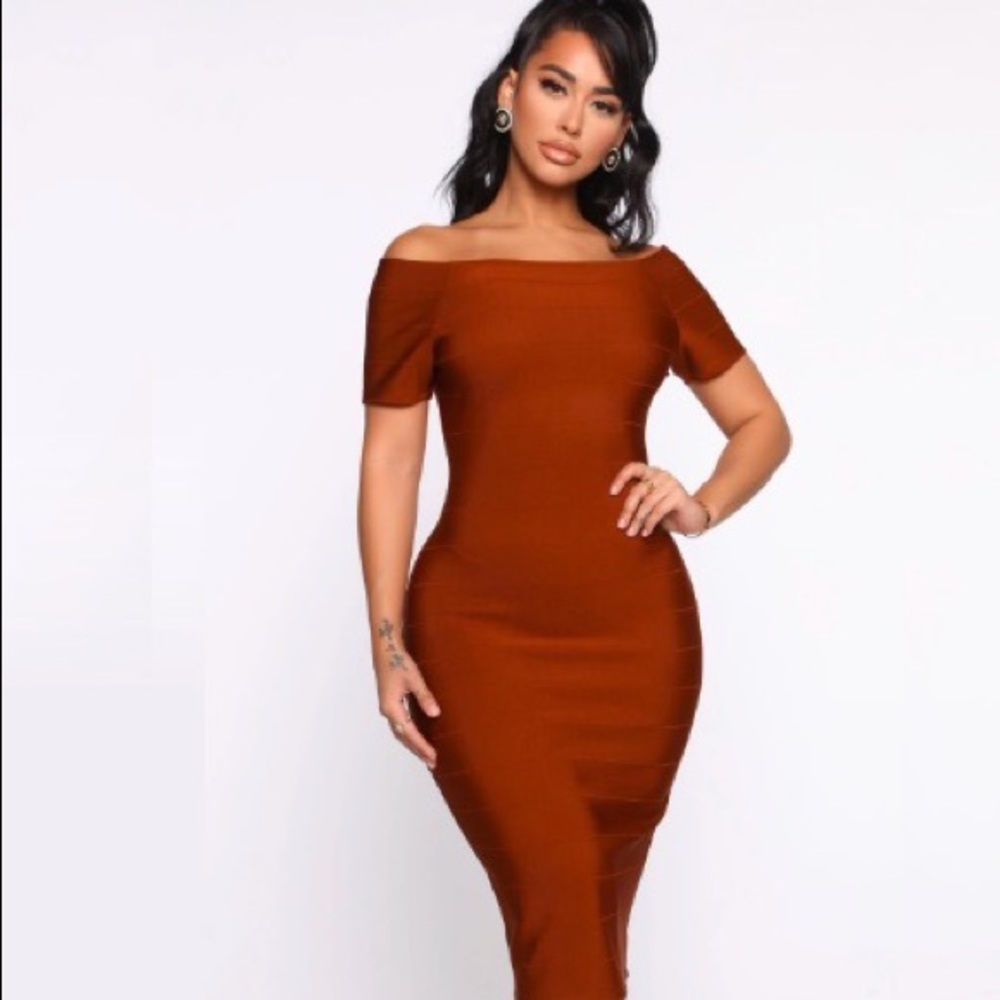 Fashion Nova - Haute Monde - Business Handled Midi Dress - Cognac - Size M